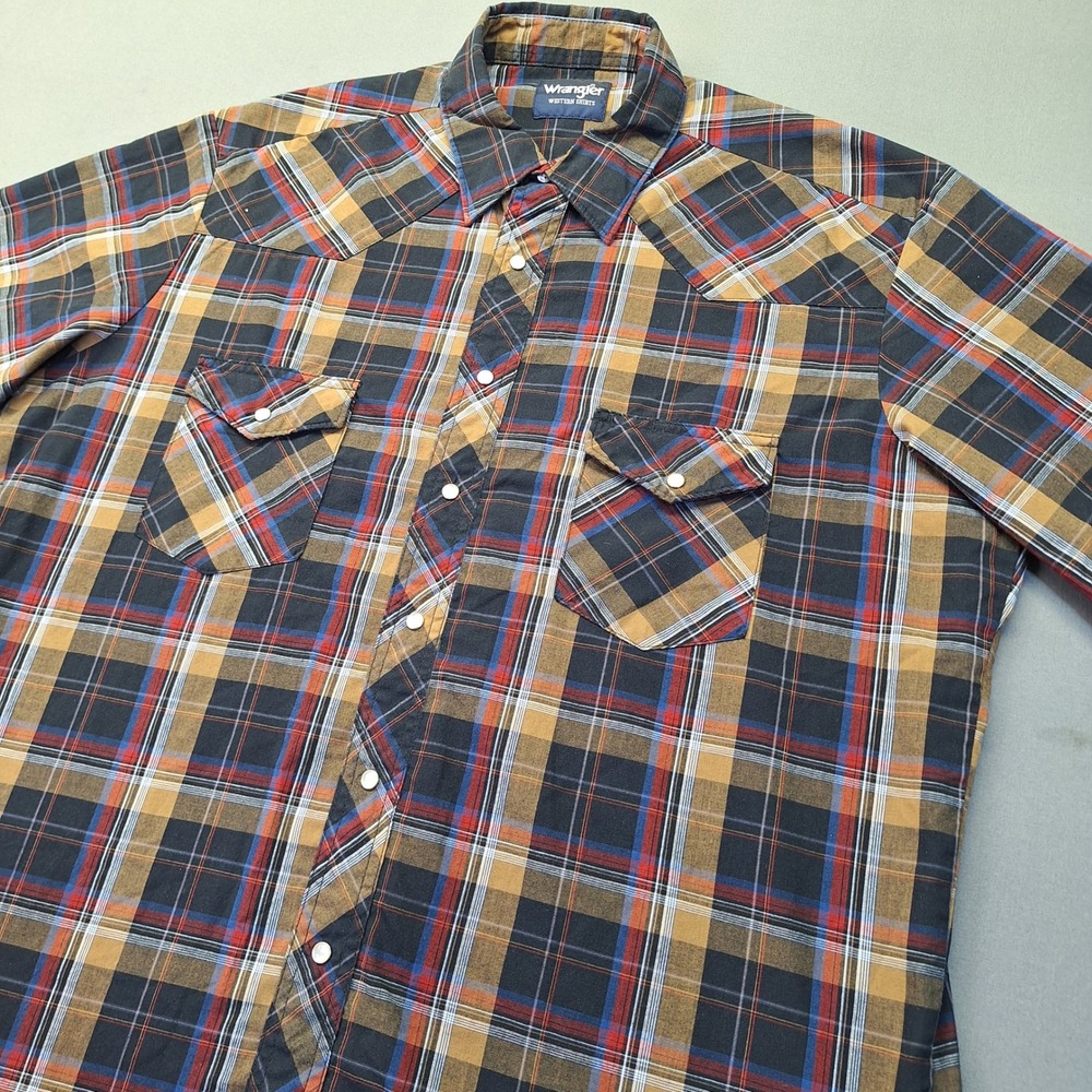 Wrangler Western Shirt Mens XL Short Sleeve Plaid Pearl Snap Brown Blue Cowboy